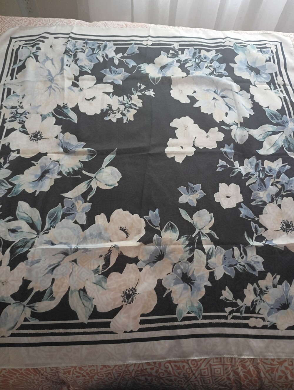 New Ladies Floral Border Square Scarf in Black, White & Pale Blue
